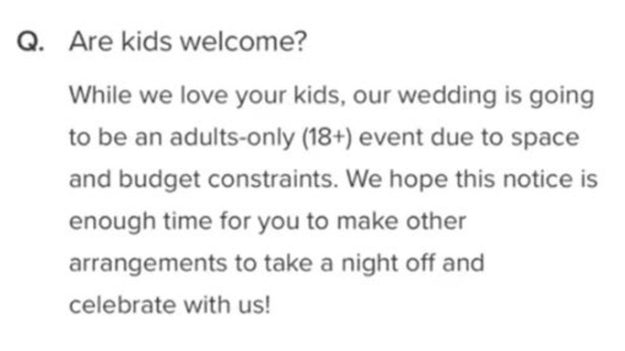 The bride flashed the question, ‘Are kids welcome?’ in her TikTok with the answer affirming that the wedding would be for those 18 and over. Picture: TikTok