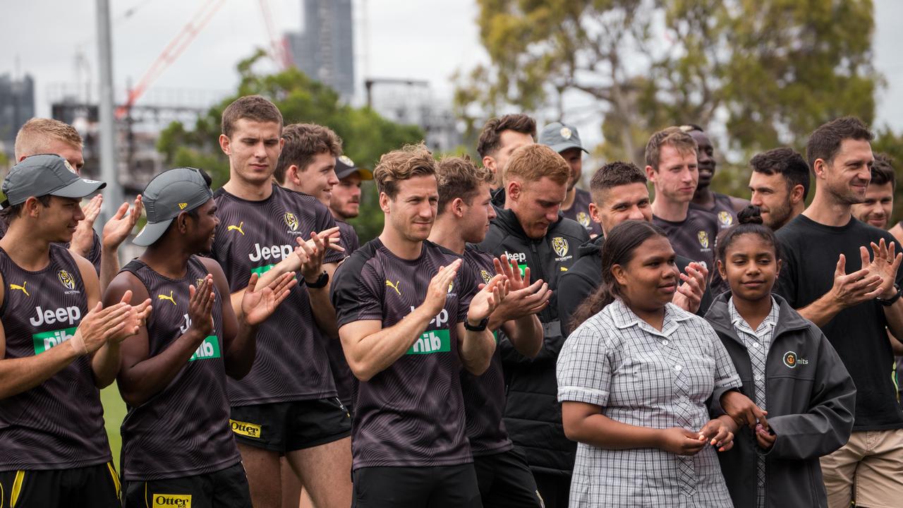 Richmond players watch the Melbourne Indigenous Transition School’s class of 2019 presentation.