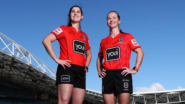 Referees Kasey Badger and Belinda Sharpe have been promoted to full-time contracts. Picture: Brett Costello