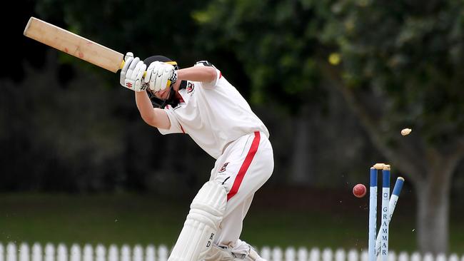 Terrace batsman Hayden Evetts gets bowled GPS First XI cricket between Brisbane Grammar School and Terrace. Saturday February 12, 2022. Picture, John Gass