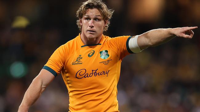 SYDNEY, AUSTRALIA - JULY 16: Michael Hooper of the Wallabies  gestures during game three of the International Test match series between the Australia Wallabies and England at the Sydney Cricket Ground on July 16, 2022 in Sydney, Australia. (Photo by Mark Kolbe/Getty Images)