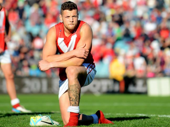 2013 SANFL Grand Final, Norwood vs North Adelaide at AAMI stadium, West Lakes. North Adelaide's Thomas Langford after the game.