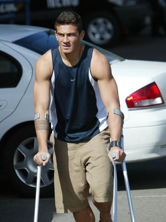 Sonny Bill Williams leaving Bulldogs’ training on cructches. Picture Todd Martyn-Jones. Rugby League F/L