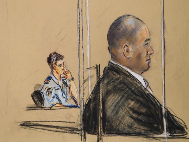 Tahiata, pictured in this court sketch, told police he was told by a group of people who had bashed Breton and Triscaru: “We got these two in a box, in a toolbox and we need you to take them. Need you to drop them off”. Picture: AAP Image/Michael Felix