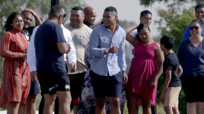 NRL player Manase Fainu is all smiles as he is greeted by family and friends when he was freed from Parklea Correctional Centre.