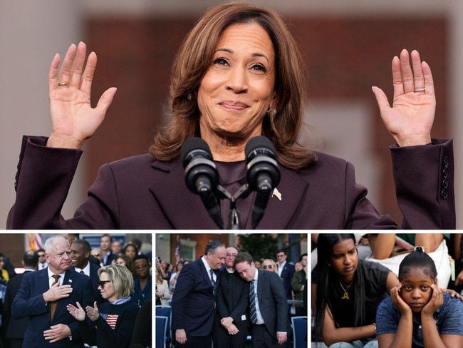 Vice-President Kamala Harris delivers a concession speech; Minnesota Governor and Democratic vice presidential candidate Tim Walz and his wife Gwen Walz; Second gentleman Doug Emhoff, Ella Emhoff and Cole Emhoff; Supporters at the Harris concession speech