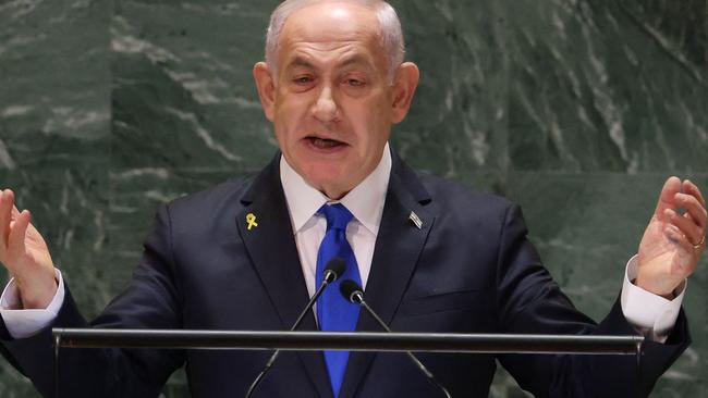 Mr Netanyahu addressing the United Nations in September. Picture: Charly Triballeau/AFP