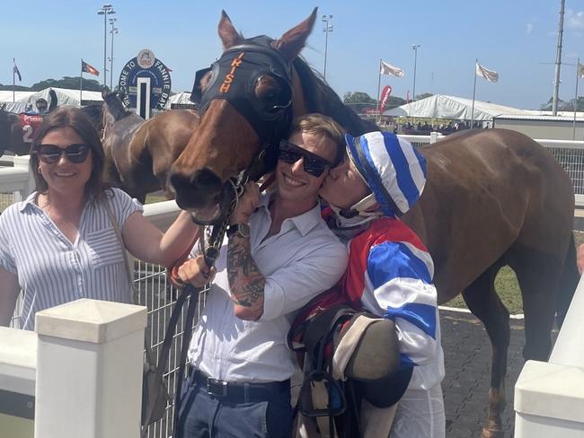 Jess Gleeson with jockey Sonja Wiseman and Dan Morgan after their race four win. Picture: Ben Cameron