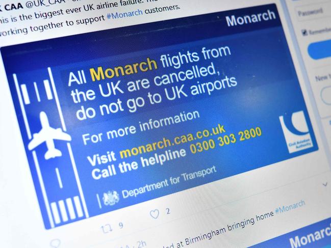 An update on Monarch airlines is seen on the twitter feed of the UK Civil Aviation Authority from Manchester on October 2, 2017. Britain's Monarch Airlines has gone into administration and all flights have been cancelled with 110,000 passengers currently abroad, the Civil Aviation Authority said today. / AFP PHOTO / Ben STANSALL