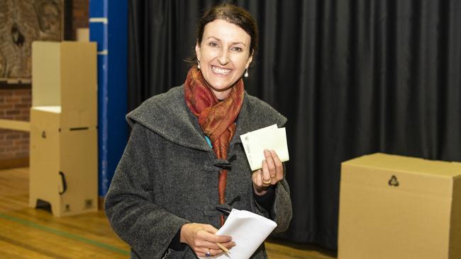 Independant candidate for Groom Kirstie Smolenski casts her vote in the federal election at Centenary Heights State High School, Saturday, May 21, 2022. Picture: Kevin Farmer