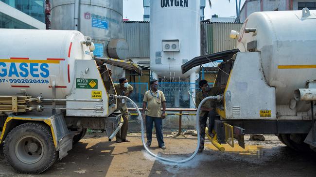 A tanker is refilled with oxygen to treat coronavirus patients in India’s Bangalore on Wednesday. Picture: AFP