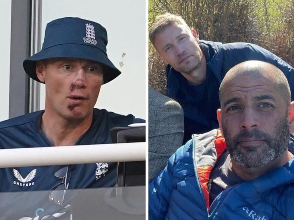 Andrew Flintoff at England training (left) and (right) alongside his former Top Gear co-host Chris Harris. Photos: Getty Images and Instagram