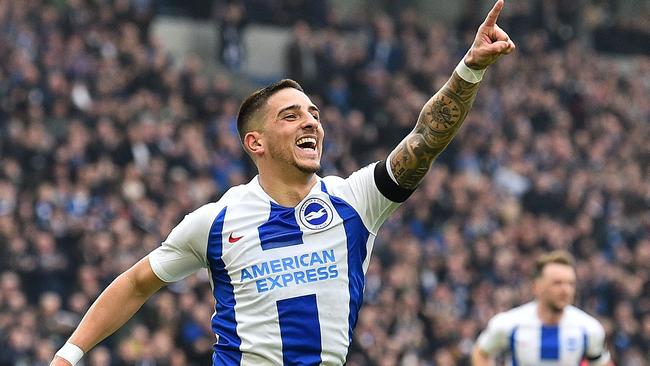 Brighton's French midfielder Anthony Knockaert celebrates scoring the opening goal. Picture: AP