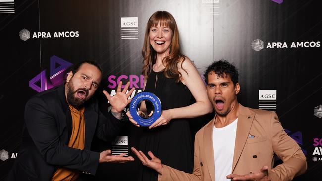 Angela Little poses with Mark Coles Smith (Right) and Fabian Malabello (Left) after winning the Best Music for a Short Film category at the annual Screen Music Awards at Forum Melbourne in Melbourne, Wednesday, November 20, 2019. Picture: Stefan Postles