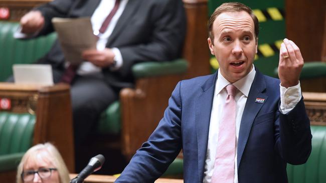 Britain's Health Secretary Matt Hancock presents an update on the pandemic in the House of Commons. Picture: AFP.