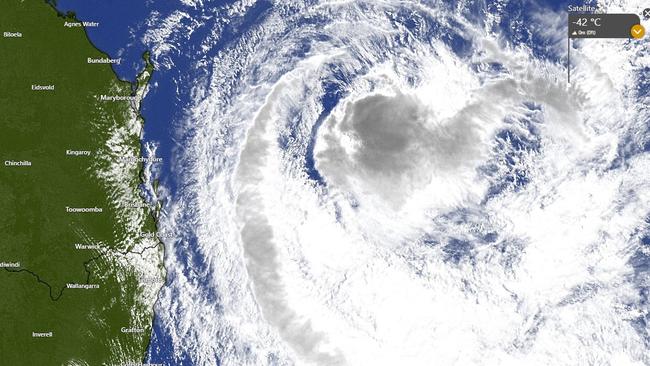 Tropical Cyclone Alfred was east of Rainbow Beach at 9am Monday. Photo: Windy