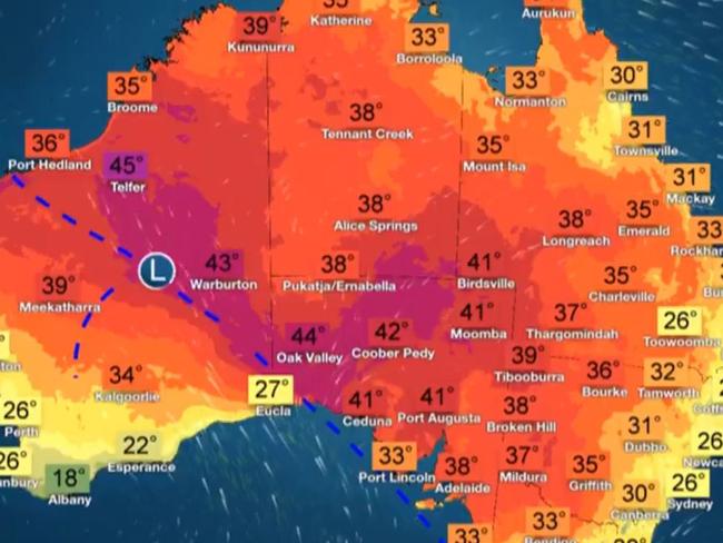 Australians can expect “stifling heat” on Friday, with heat and humidity combining and stretching across the majority of Australia, with temperatures up to 12C above the average for parts of South Australia and Victoria. Picture: BOM