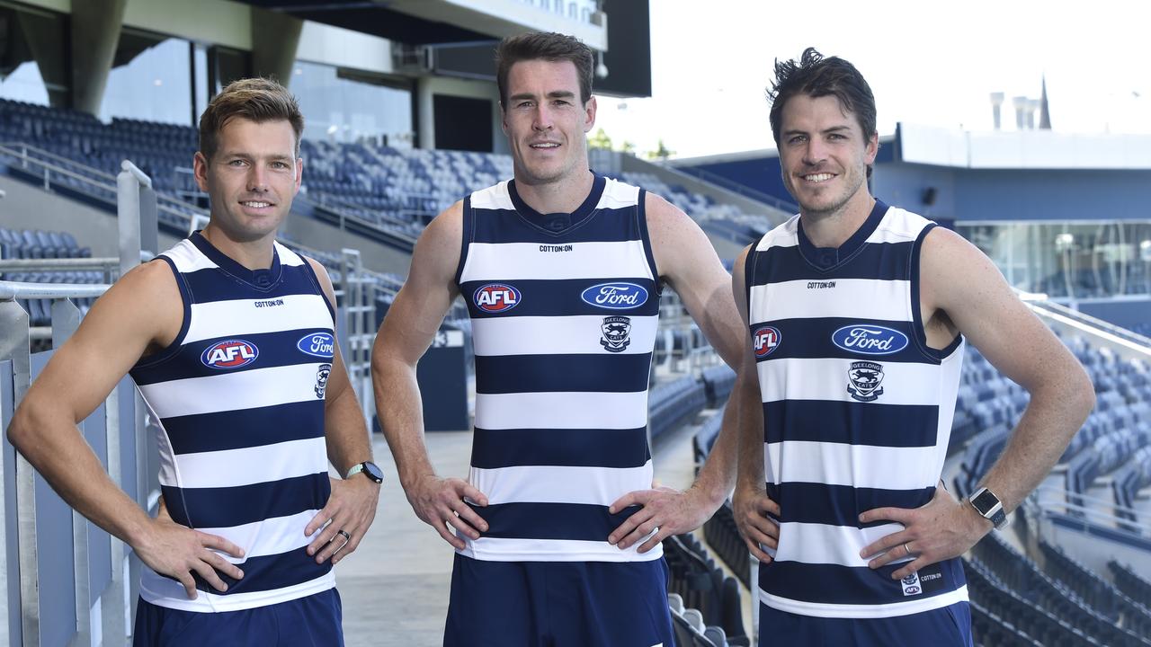New Geelong recruits Shaun Higgins, Jeremy Cameron and Isaac Smith. Picture: Alan Barber