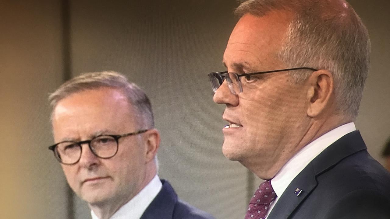 Scott Morrison and Anthony Albanese debate the issue of boat turnbacks. Picture: Courtesy of Sky News