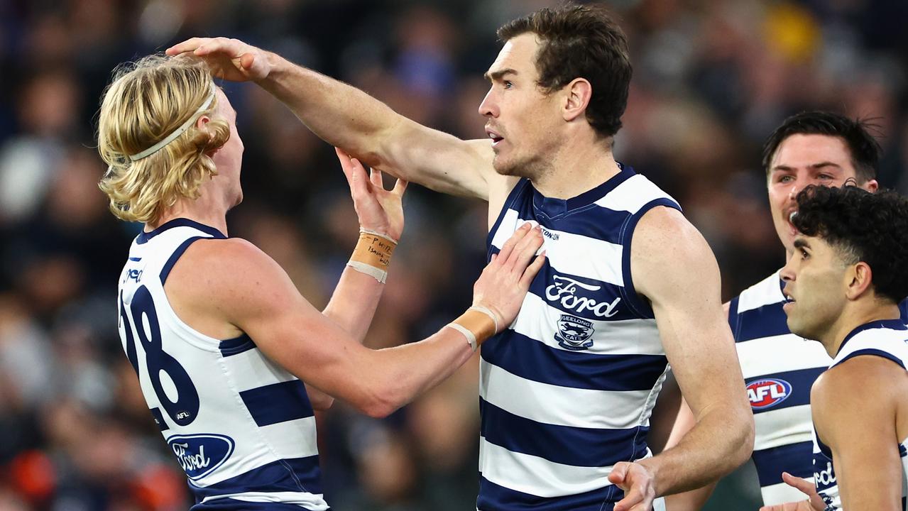 Jeremy Cameron of the Cats celebrates kicking a goal with Oliver Dempsey. (Photo by Quinn Rooney/Getty Images)