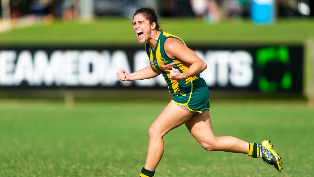 2020-21 NTFL Women's Premier League Grand Final - Darwin Buffettes v PINT Queenants. Amy Chittick celebrates a goal. Photograph: Che Chorley