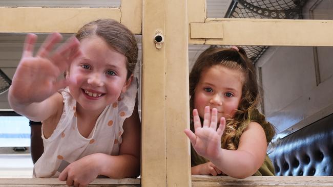 Skyla, 7, and Miley, 3, at Queenscliff where the Bellarine Railway is giving free rides to support the GFA. Picture: Mark Wilson