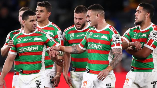 SYDNEY, AUSTRALIA - AUGUST 27: Cody Walker of the Rabbitohs celebrates with teammates after scoring a try during the round 16 NRL match between the Parramatta Eels and the South Sydney Rabbitohs at Bankwest Stadium on August 27, 2020 in Sydney, Australia. (Photo by Cameron Spencer/Getty Images)