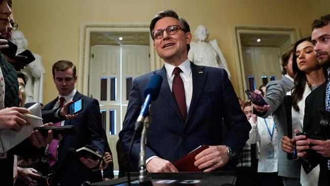 US Speaker of the House Mike Johnson speaks to the press after the House passed a major aid package for Ukraine, Israel, and Taiwan and also voted to ban TikTok. Picture: AFP