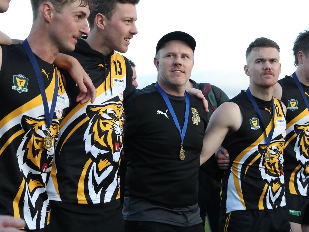 Trent Baumeler Tigers coach with players. TSL grand final Kingborough Tigers V North Launceston. Picture: Nikki Davis-Jones
