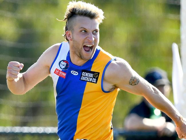 Shane Doherty of Macleod celebrates kicking a goal during the round three NFNL Division 1 Melbourne Greyhounds Seniors match between West Preston-Lakeside and Macleod at JE Moore Park Oval, on April 27, 2024, in Melbourne, Australia. (Photo by Josh Chadwick)