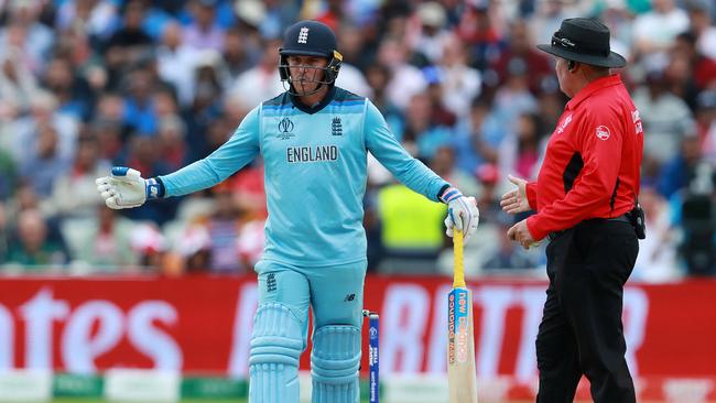 Jason Roy reacts after being given out caught behind. Picture: Getty