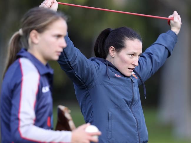 SA Scorptions captain Megan Schutt stretches at training in June, 2019. Picture: Sarah Reed