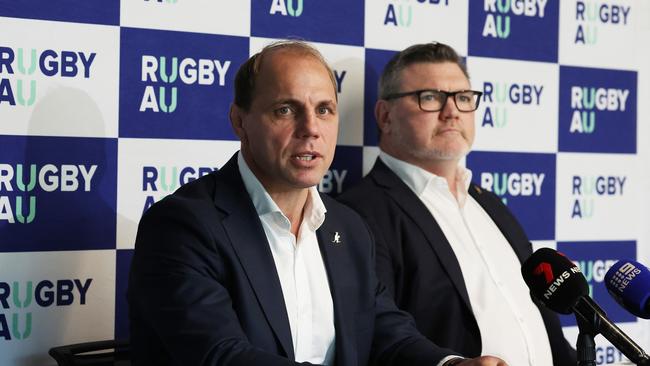 SYDNEY, AUSTRALIA - DECEMBER 10: Rugby Australia CEO Phil Waugh speaks to the media during a Rugby Australia press conference at Rugby Australia HQ on December 10, 2024 in Sydney, Australia. (Photo by Matt King/Getty Images)