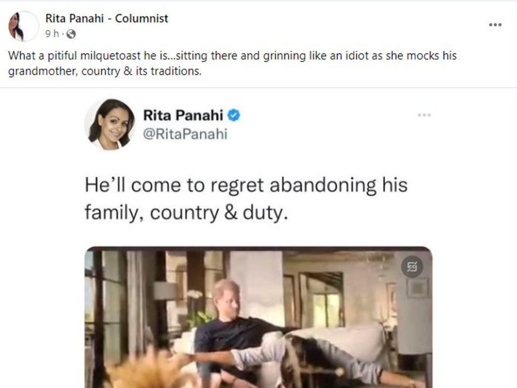 Sky News host Rita Panahi slammed Meghan’s re-enactment and Harry's reactions to his wife's demonstration. Picture: Facebook/Rita Panahi