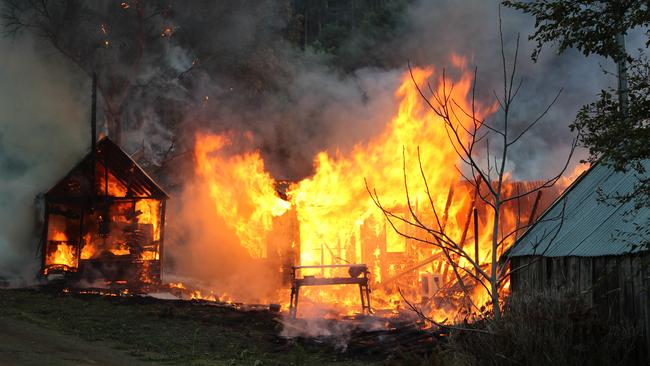 Fire that destroyed one of Tasmania’s oldest remaining hop kilns at Lachlan Rd, Lachlan, on Sunday. Picture: DAMIAN BESTER