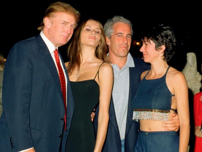 Donald Trump and his then girlfriend Melania, financier Jeffrey Epstein and British socialite Ghislaine Maxwell pose together at the Mar-a-Lago club in 2000. Picture: Getty