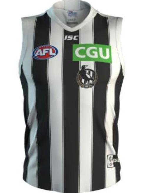 Collingwood’s new clash guernsey for season 2018, featuring black pinstripes. Picture: Collingwood FC