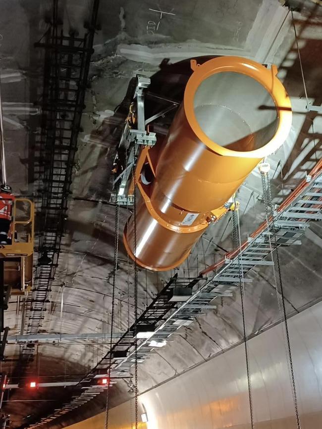 Giant fans – 23 in total – are being installed as part of an upgrade to the fire suppression system in the Heysen Tunnels. Picture: Dan Cregan / Facebook