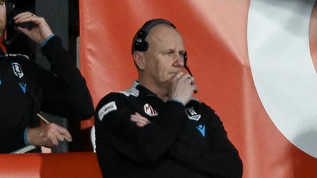 ADELAIDE, AUSTRALIA - SEPTEMBER 05: Ken Hinkley, Senior Coach of the Power during the AFL Second Qualifying Final match between Port Adelaide Power and Geelong Cats at Adelaide Oval, on September 05, 2024, in Adelaide, Australia. (Photo by Mark Brake/Getty Images)