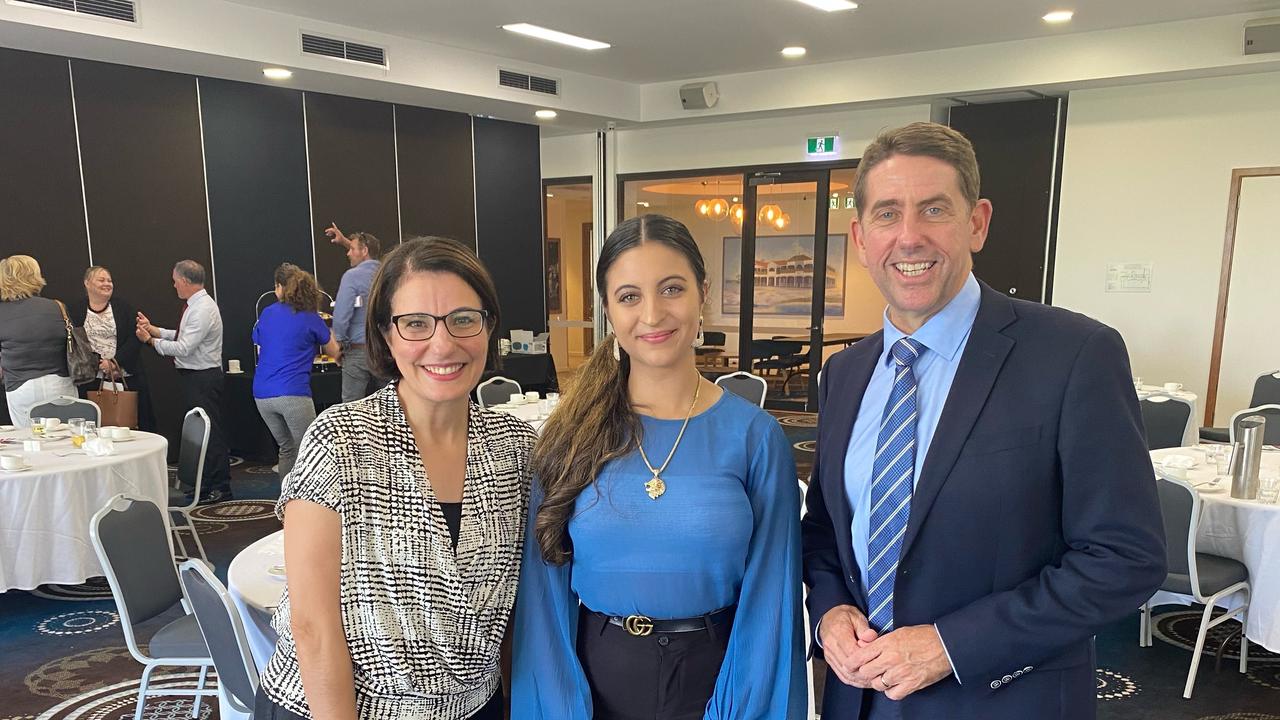 Youth Member for Hervey Bay Sara Faraj, 20, with Assistant Treasurer and Member for Jordan Charise Mullen (L) and, Treasurer and Member for Woodridge Cameron Dick (R).