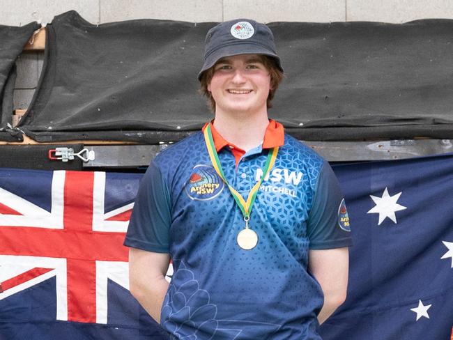 Mitchell Campbell, NSW U21M recurve, gold medal - field archery, 2024 National Youth Archery Championships, Tuggeranong, ACT. Picture: Adrian Yee