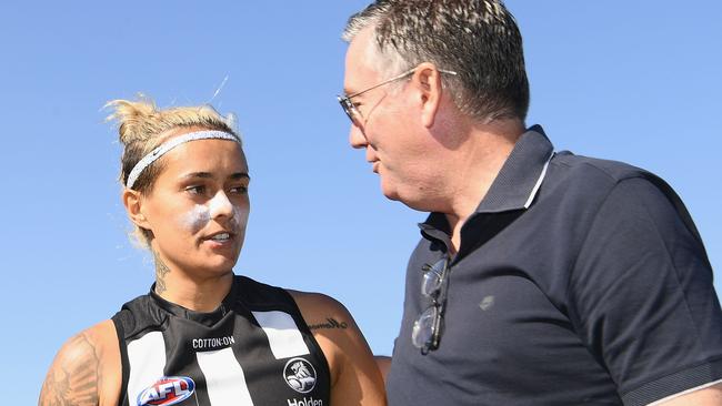 Moana Hope of the AFLW Magpies speaking to McGuire. Picture: Getty