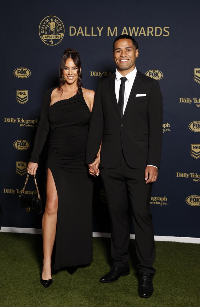 St. George winger Mathew Feagai and partner Maddie Hanlon opted for chic black looks. Picture: Jonathan Ng