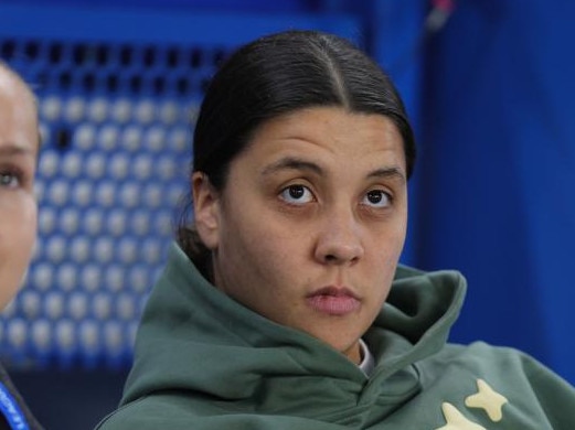 LONDON, ENGLAND - MARCH 27: Sam Kerr of Chelsea Women watches on from the stands during the UEFA Women's Champions League Quarter Finals Second Leg match between Chelsea FC and Manchester City at Stamford Bridge Stadium in London, England on March 27, 2025. (Photo by Crystal Pix/MB Media/Getty Images)