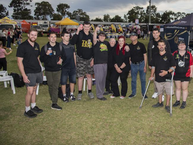 Matthew Molloy, BJ Penno, Cade Hogan, Ryan Hulland, Jono Wright, Daniel Warner, Bec Baird, Tim Domaill, John White, Travis Smith, Haylee Bosanquet all having the best time at the 2024 Swan Hill Show Picture: Noel Fisher.