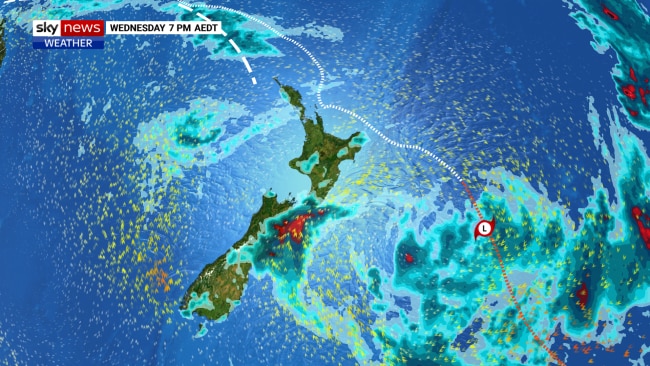 Cyclone Gabrielle's predicted path as it tracks east on Wednesday. Picture: Sky News Australia