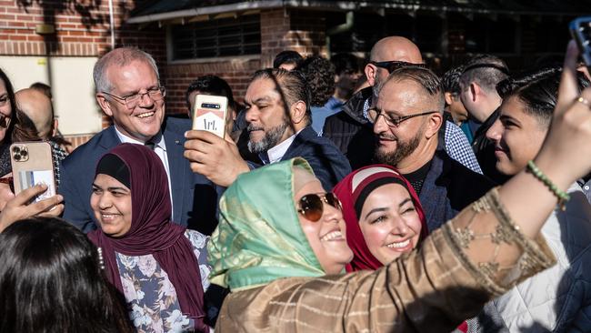 Prime Minister Scott Morrison, who supports the religious discrimination bill, at an Eid gathering marking the end of Ramadan at Parramatta. Picture: Jason Edwards