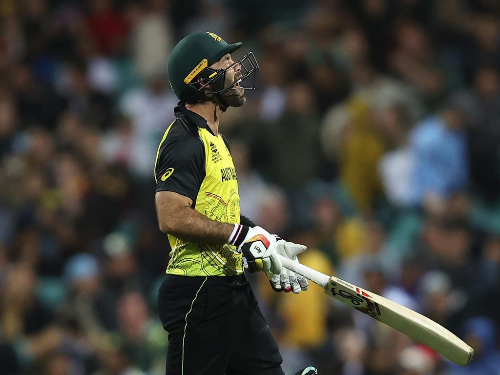 Glenn Maxwell shows plenty of emotion after being dismissed by Ish Sodhi of New Zealand during the ICC Men's T20 World Cup match between Australia and New Zealand. Picture: Mark Kolbe/Getty Images