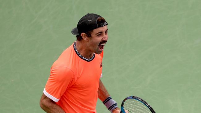 INDIAN WELLS, CALIFORNIA - MARCH 10: Jordan Thompson of Australia reacts to his victory over Stefanos Tsitsipas of Greece during the BNP Parisbas at the Indian Wells Tennis Garden on March 10, 2023 in Indian Wells, California. (Photo by Harry How/Getty Images)