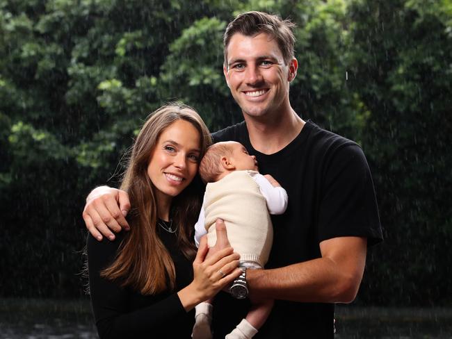 Pat Cummins with his fiancee Becky Boston and newborn son Albie. Cummins has just been named an ambassador for UNICEF. Picture: Zak Simmonds